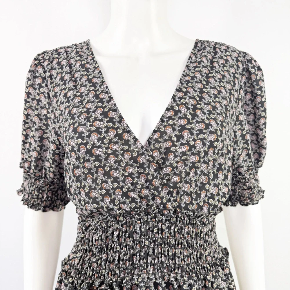 Max Studio Black Floral Maxi Dress Size L Casual Boho Short Sleeve V-Neck - Picture 3 of 11